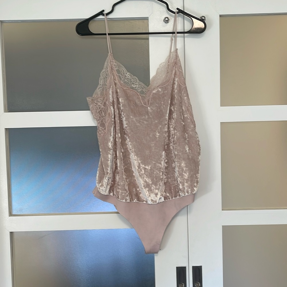 Pink velvet and lace bodysuit tank top